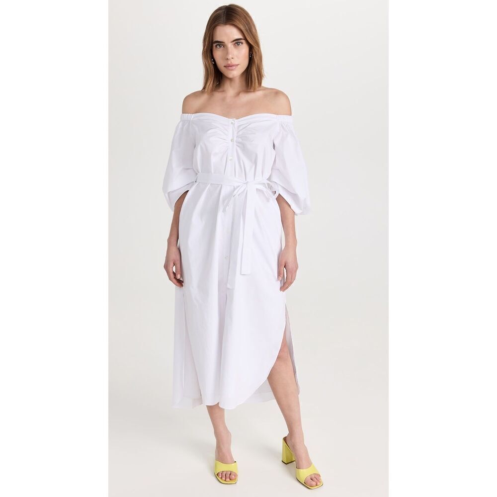STAUD Women's White Reese Belted Off The Shoulder Poplin Midi Dress Small NWOT